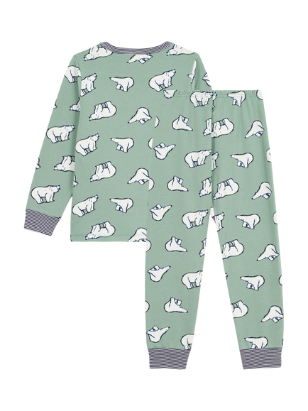 Petit Bateau Kids' Cotton Long Sleeved Polar Bear Pyjamas, Saule/Multi - view 2, Saule/Multi