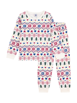 Petit Bateau Kids' Cotton Long Sleeved Festive Pyjamas, Milk/Multi, Milk/Multi