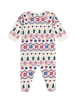 Petit Bateau Baby Cotton Festive Zipped Pyjama Bodysuit, Milk/Multi - view 2, Milk/Multi
