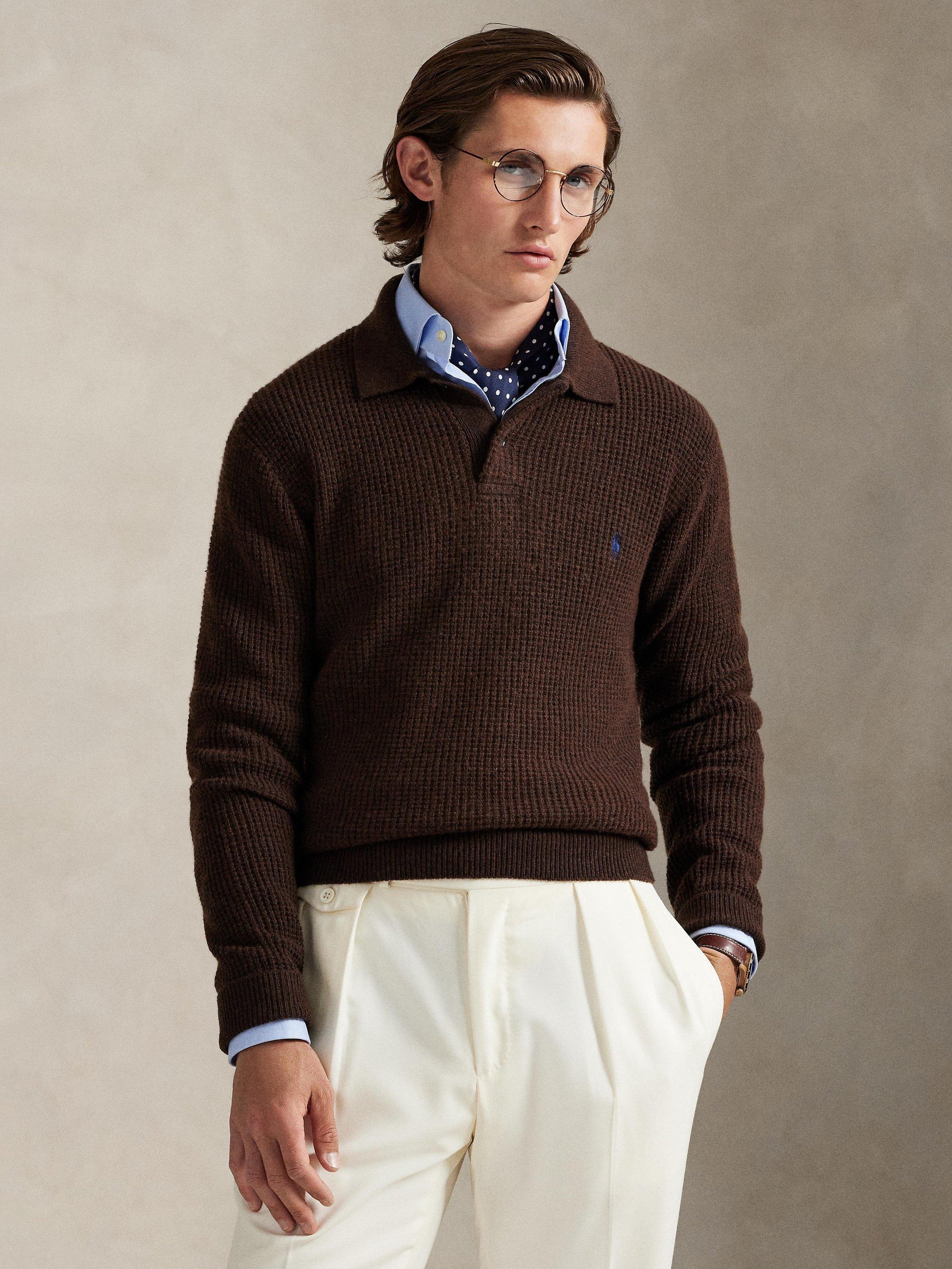 Polo Ralph Lauren Wool Cotton Blend Knit Polo Shirt, Cacao Brown