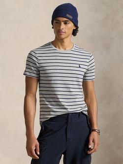 Polo Ralph Lauren Cotton Custom Slim Fit Short Sleeve Stripe T-Shirt, Andover Heather/Refined Navy, Andover Heather/Refined Navy