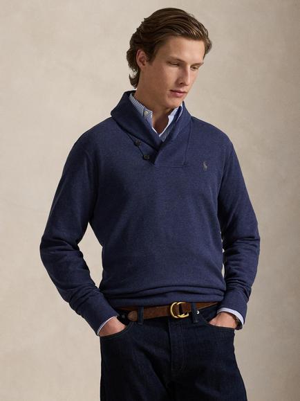 Polo Ralph Lauren Cotton Blend Shawl-Collar Pullover Jumper, Spring Navy Heather, Spring Navy Heather