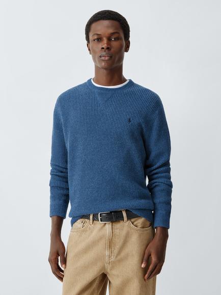 Polo Ralph Lauren Wool with Cotton Crew Neck Textured Knit Jumper, Sea Salt/Blue Heather, Sea Salt/Blue Heather