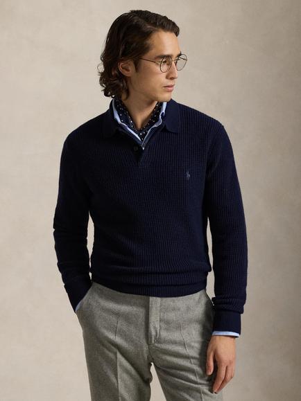 Polo Ralph Lauren Wool Cotton Blend Knit Polo Shirt, Hunter Navy