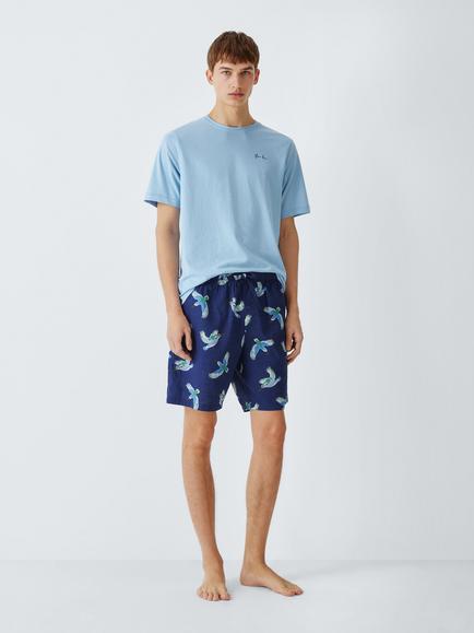 John Lewis Cotton Hummingbird Woven Short Pyjama Set, Blue Mid, Blue Mid