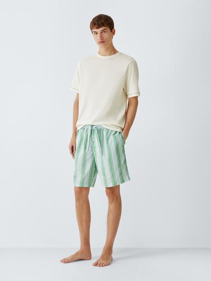 John Lewis Cotton Stripe Jersey Short Pyjama Set, Green Mid, Green Mid