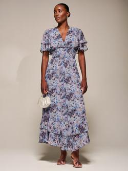 Jolie Moi Watercolour Floral Chiffon Ruffle Midaxi Dress, Blue Floral, Blue Floral