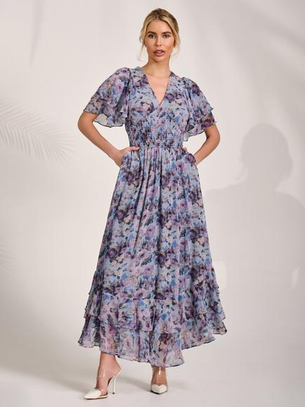 Jolie Moi Watercolour Floral Chiffon Ruffle Midaxi Dress, Blue Floral, Blue Floral
