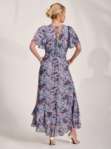 Jolie Moi Watercolour Floral Chiffon Ruffle Midaxi Dress, Blue Floral - view 2, Blue Floral