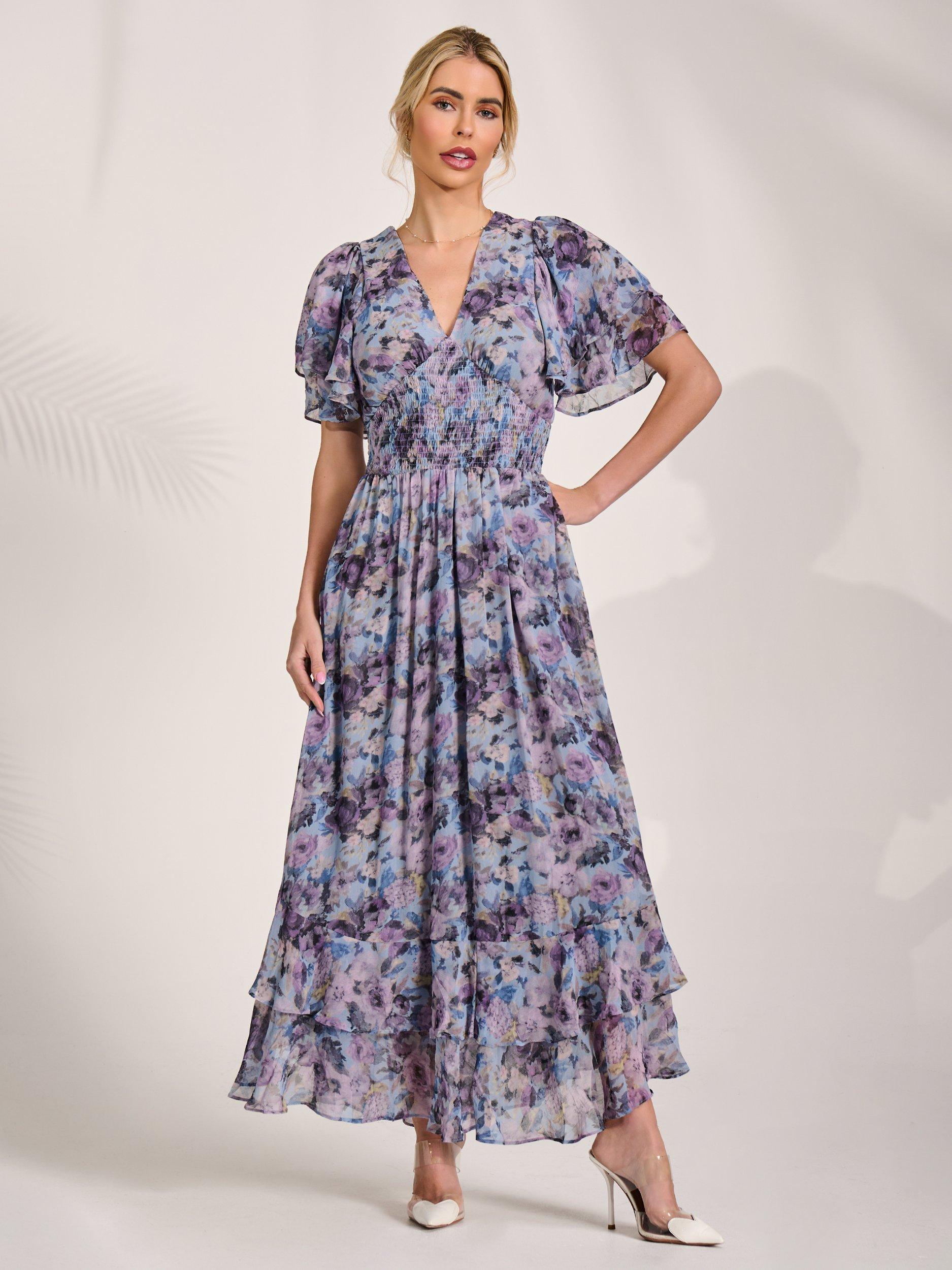 Jolie Moi Watercolour Floral Chiffon Ruffle Midaxi Dress, Blue Floral