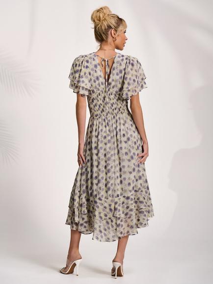Jolie Moi Abstract Animal Frill Hem Chiffon Midi Dress, Purple Animal - view 2, Purple Animal