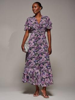 Jolie Moi Floral Ruffle Chiffon Midaxi Dress, Black Floral, Black Floral