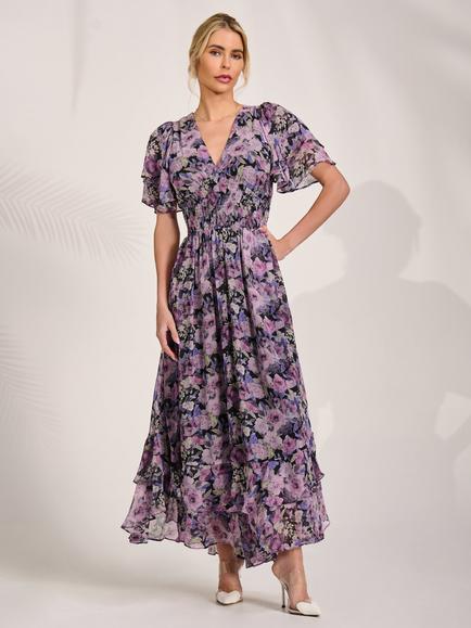 Jolie Moi Floral Ruffle Chiffon Midaxi Dress, Black Floral, Black Floral