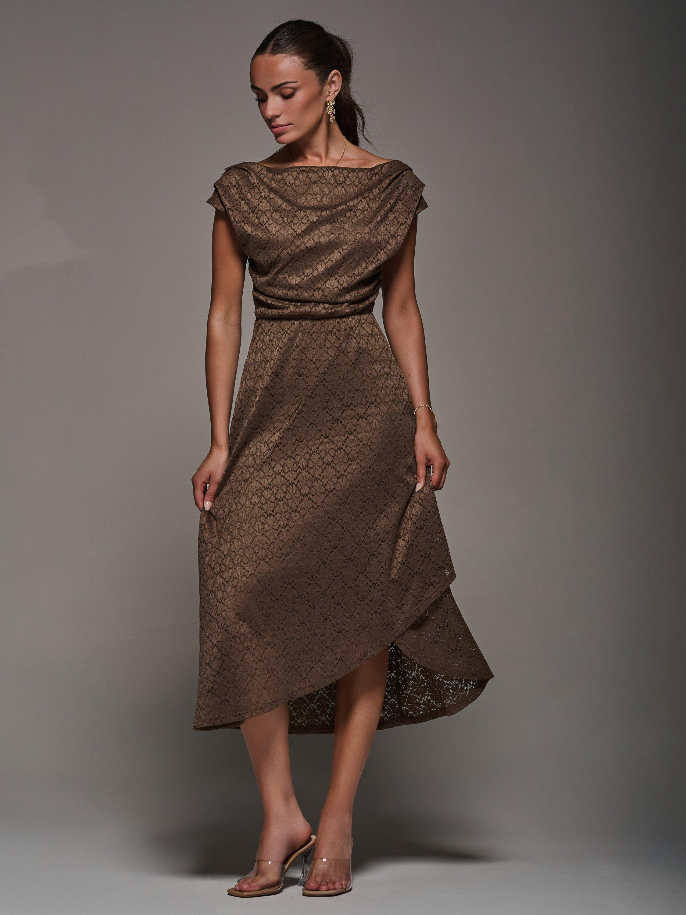 Product image 1 of 7, which shows Jolie Moi Textured Asymmetric Drape Midaxi Dress, Brown, 8