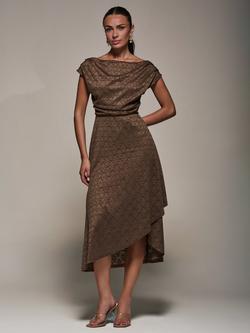 Jolie Moi Textured Asymmetric Drape Midaxi Dress, Brown, Brown