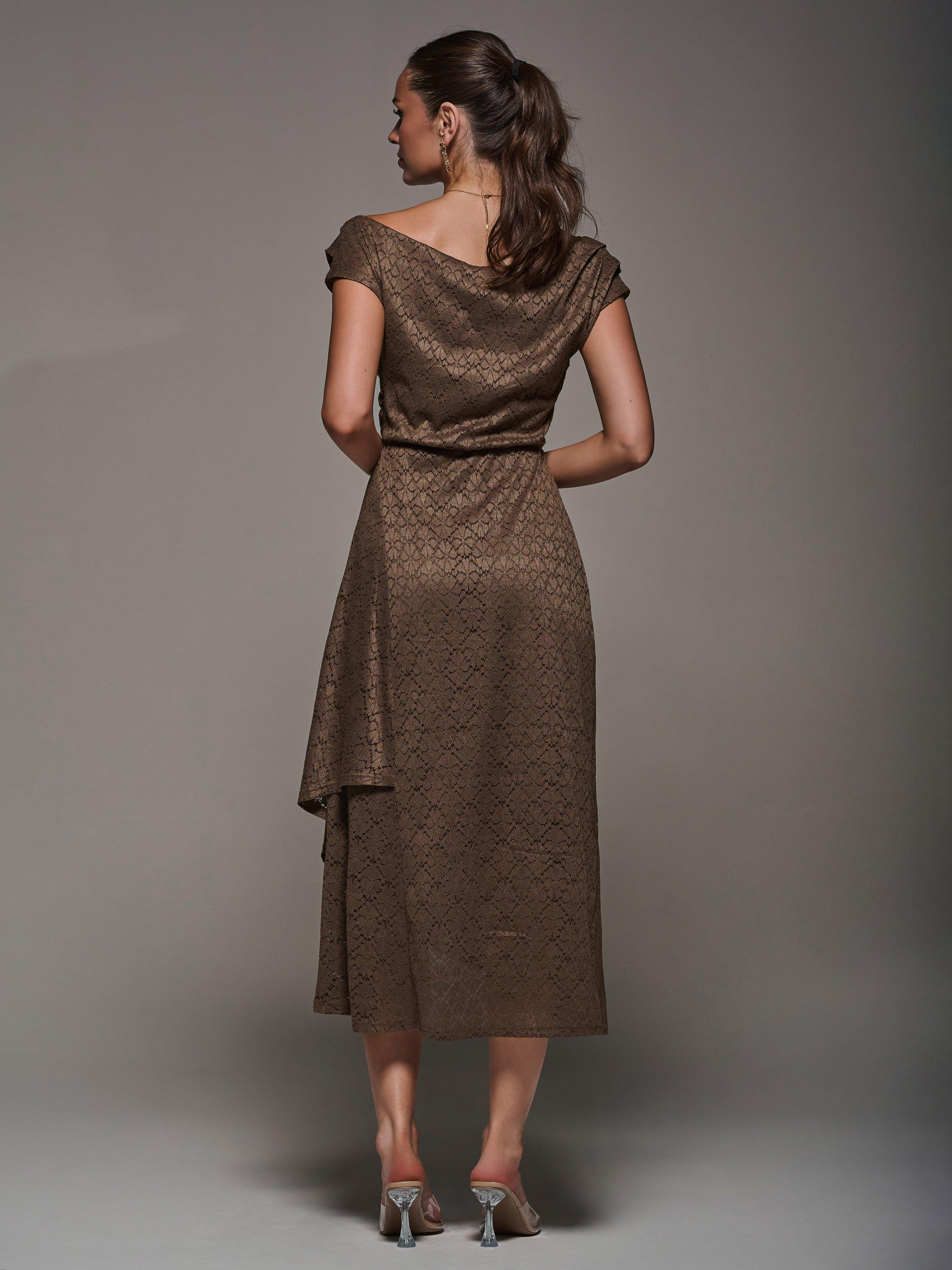Product image 2 of 7, which shows Jolie Moi Textured Asymmetric Drape Midaxi Dress, Brown, 8