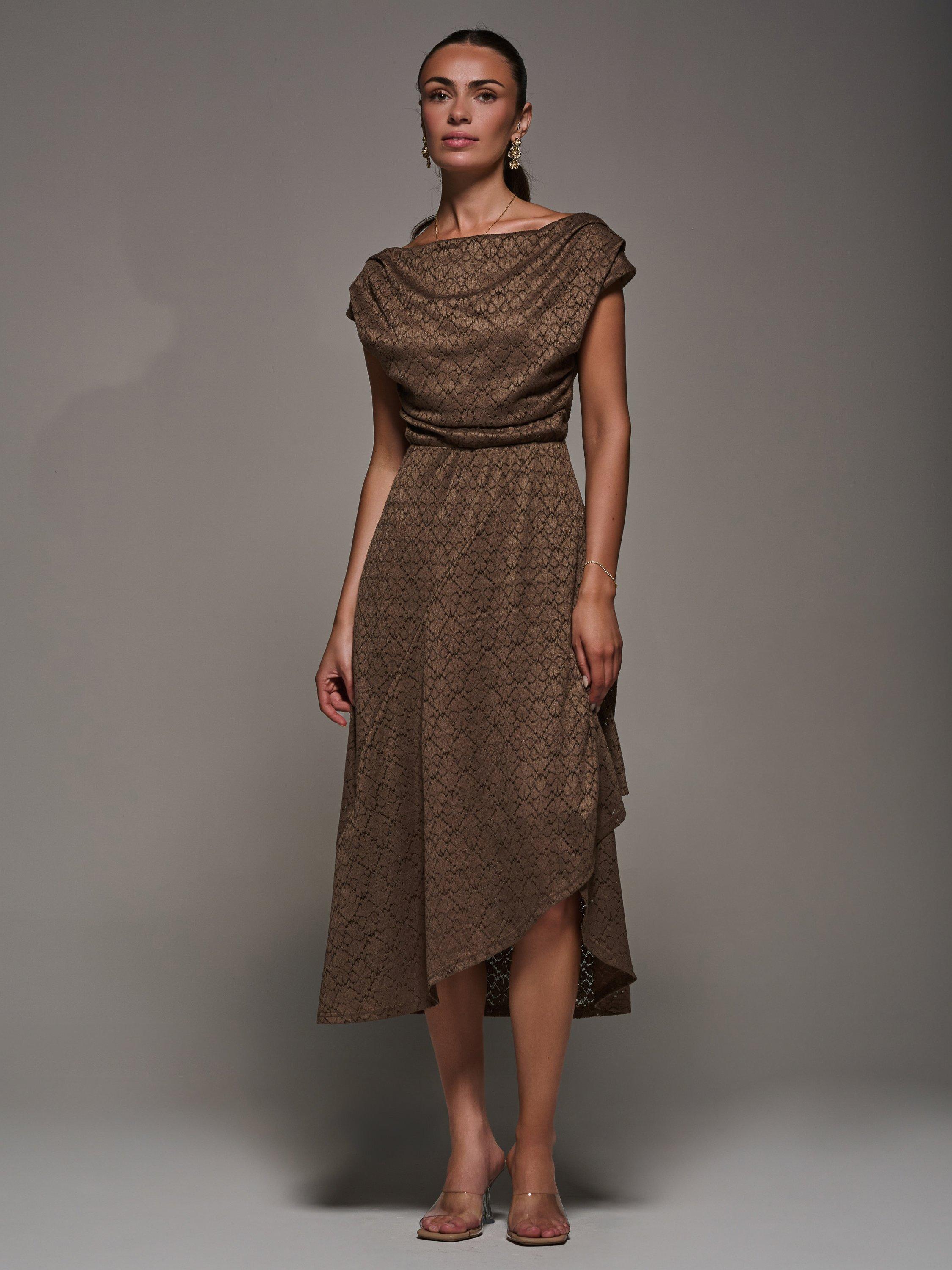 Product image 3 of 7, which shows Jolie Moi Textured Asymmetric Drape Midaxi Dress, Brown, 8