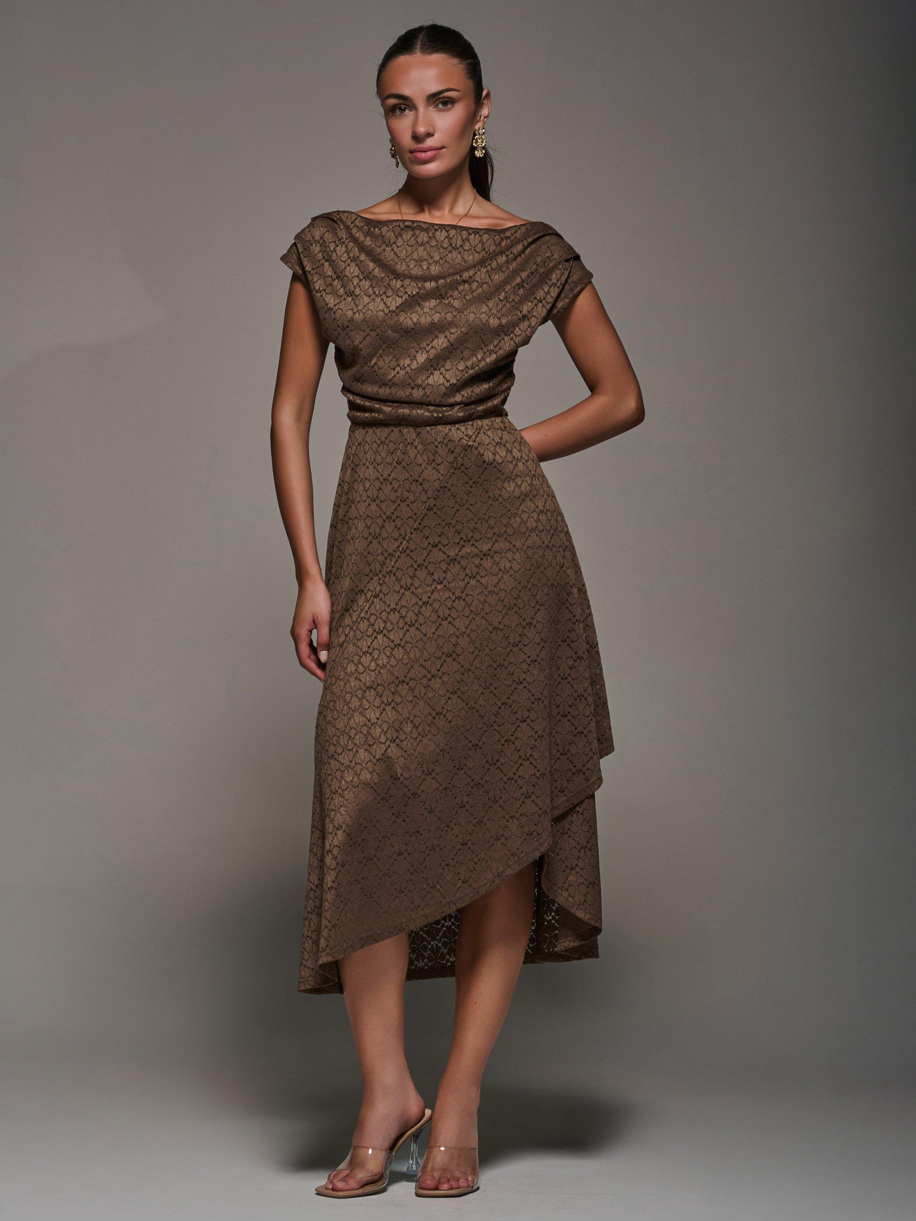 Product image 5 of 7, which shows Jolie Moi Textured Asymmetric Drape Midaxi Dress, Brown, 8