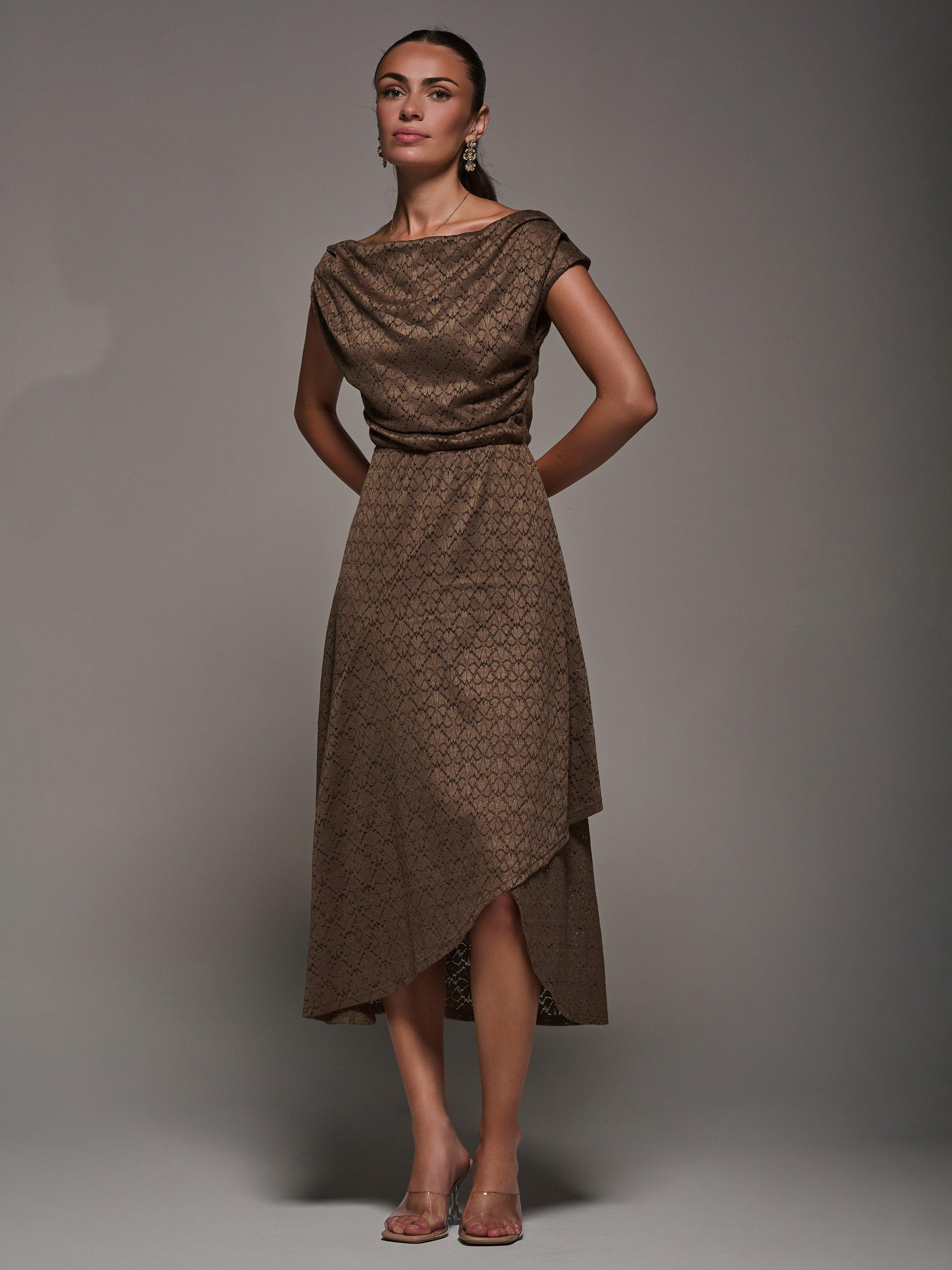 Product image 6 of 7, which shows Jolie Moi Textured Asymmetric Drape Midaxi Dress, Brown, 8