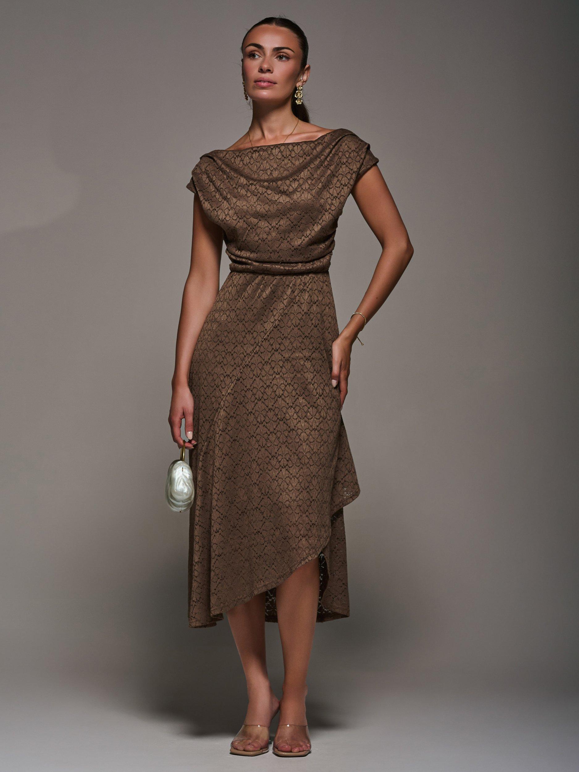 Product image 7 of 7, which shows Jolie Moi Textured Asymmetric Drape Midaxi Dress, Brown, 8