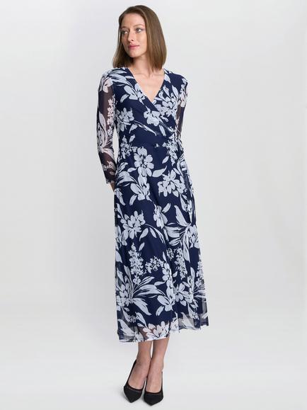 Gina Bacconi Jan Floral Chiffon Wrap Midi Dress, Navy/Multi, Navy/Multi