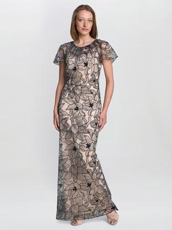 Gina Bacconi Marie-Claire Floral Embroidered Mesh Maxi Dress, Black/White, Black/White