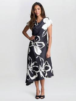 Gina Bacconi Floral Satin Dress, Black/Cream, Black/Cream