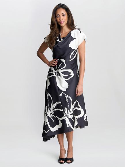 Gina Bacconi Floral Satin Dress, Black/Cream, Black/Cream