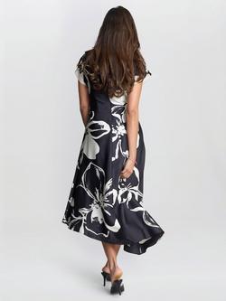 Gina Bacconi Floral Satin Dress, Black/Cream - view 2, Black/Cream