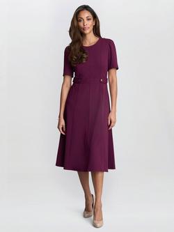 Gina Bacconi Mel Button Belt Flared Dress, Burgundy, Burgundy