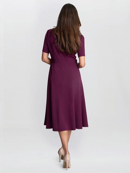 Gina Bacconi Mel Button Belt Flared Dress, Burgundy - view 2, Burgundy