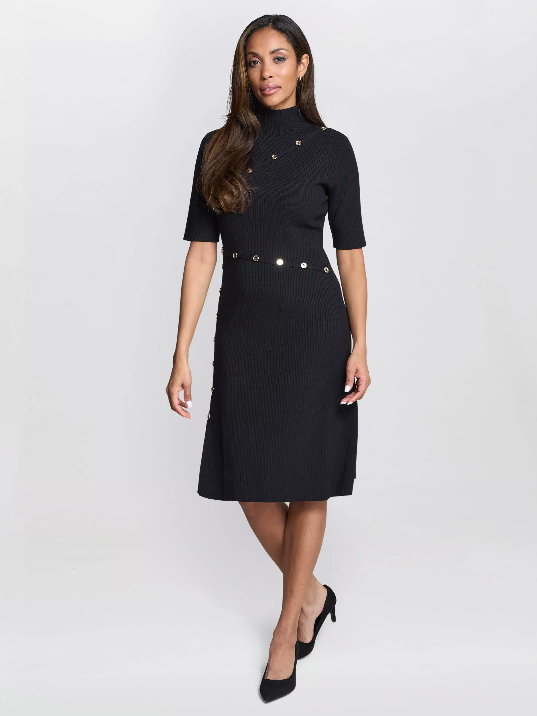 Gina Bacconi Vickie Button Detail Knit Dress, Black/Gold