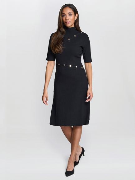 Gina Bacconi Vickie Button Detail Knit Dress, Black/Gold, Black/Gold