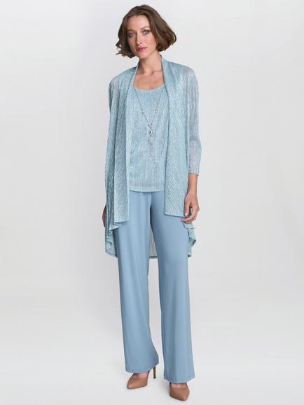 Gina Bacconi Tina Three Piece Metallic Crinkle Trouser Suit, Blue, Blue
