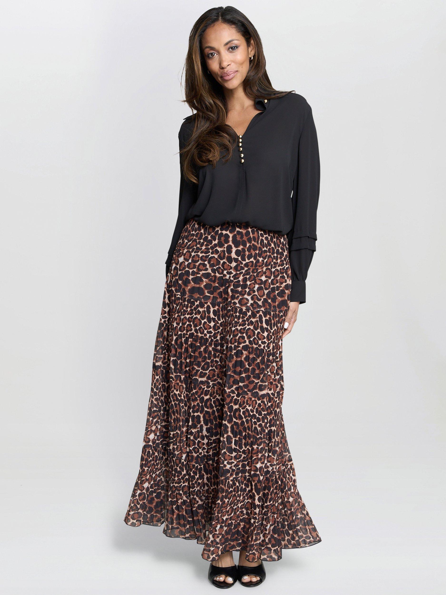 Product image 1 of 7, which shows Gina Bacconi Leopard Print Maxi Skirt, Brown, M