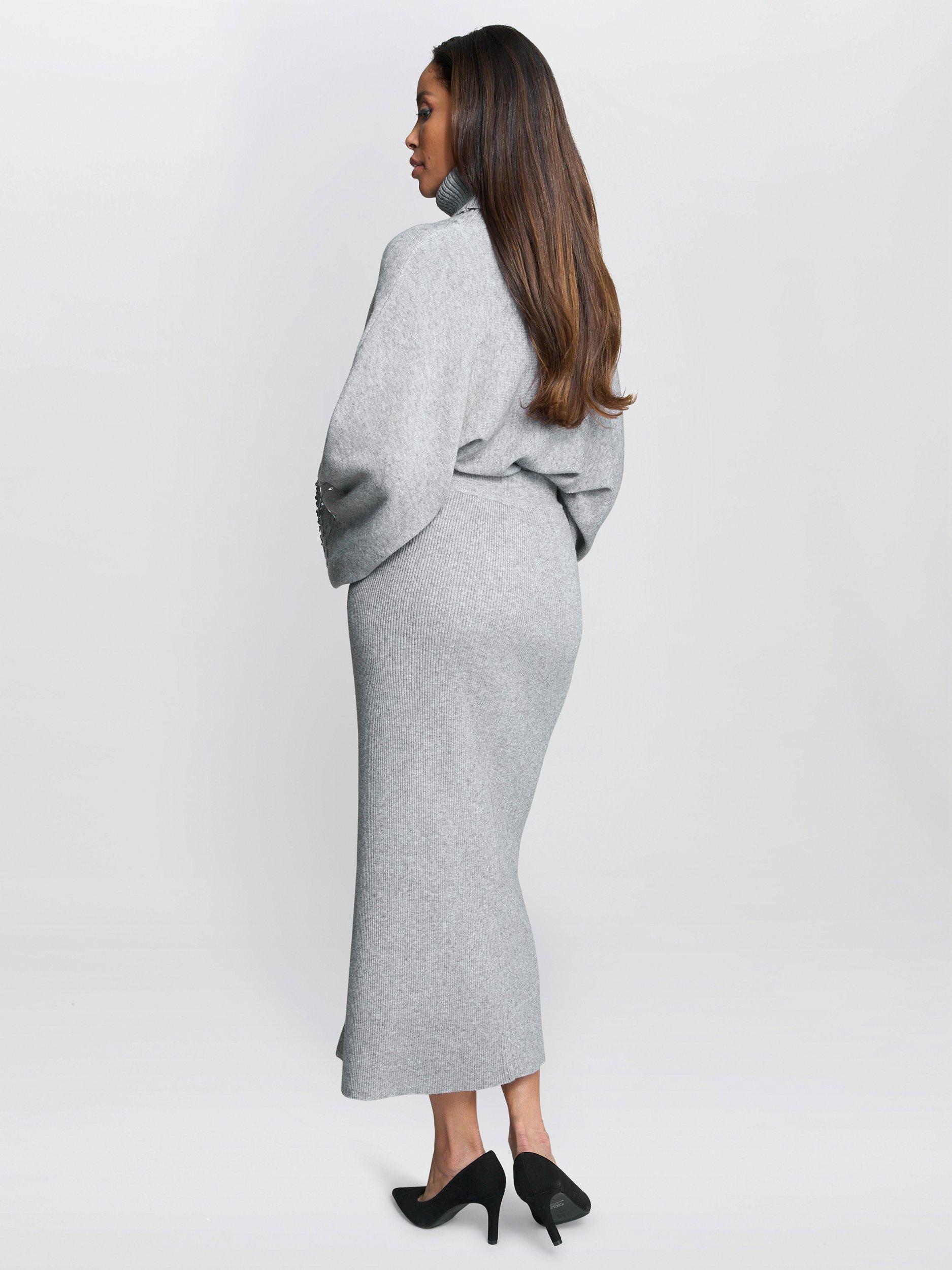 Product image 2 of 5, which shows Gina Bacconi Arlette Button Front Knitted Skirt, Grey, L