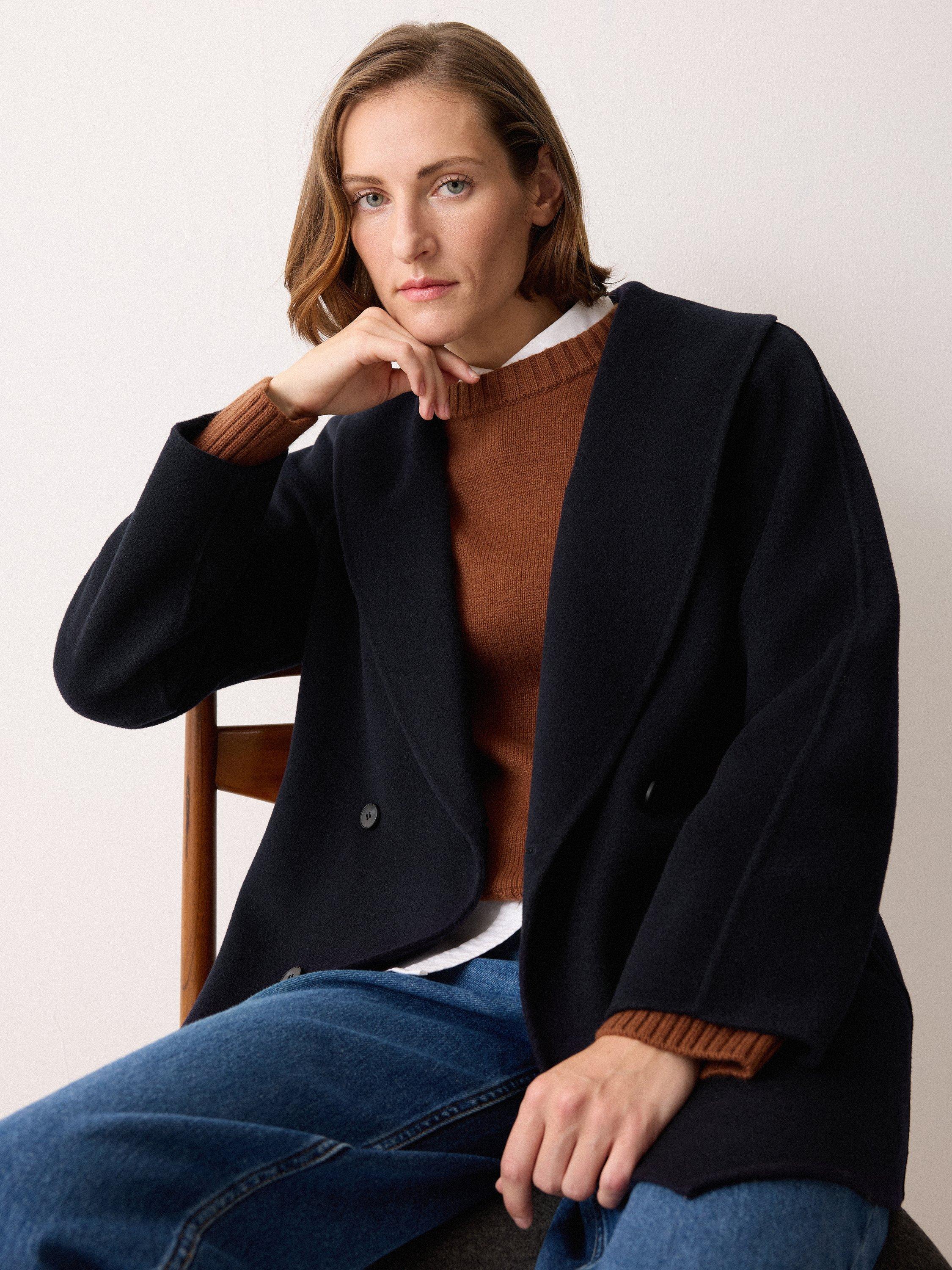 Product image 3 of 6, which shows Jigsaw Short Double Faced Shawl Coat, Navy, L