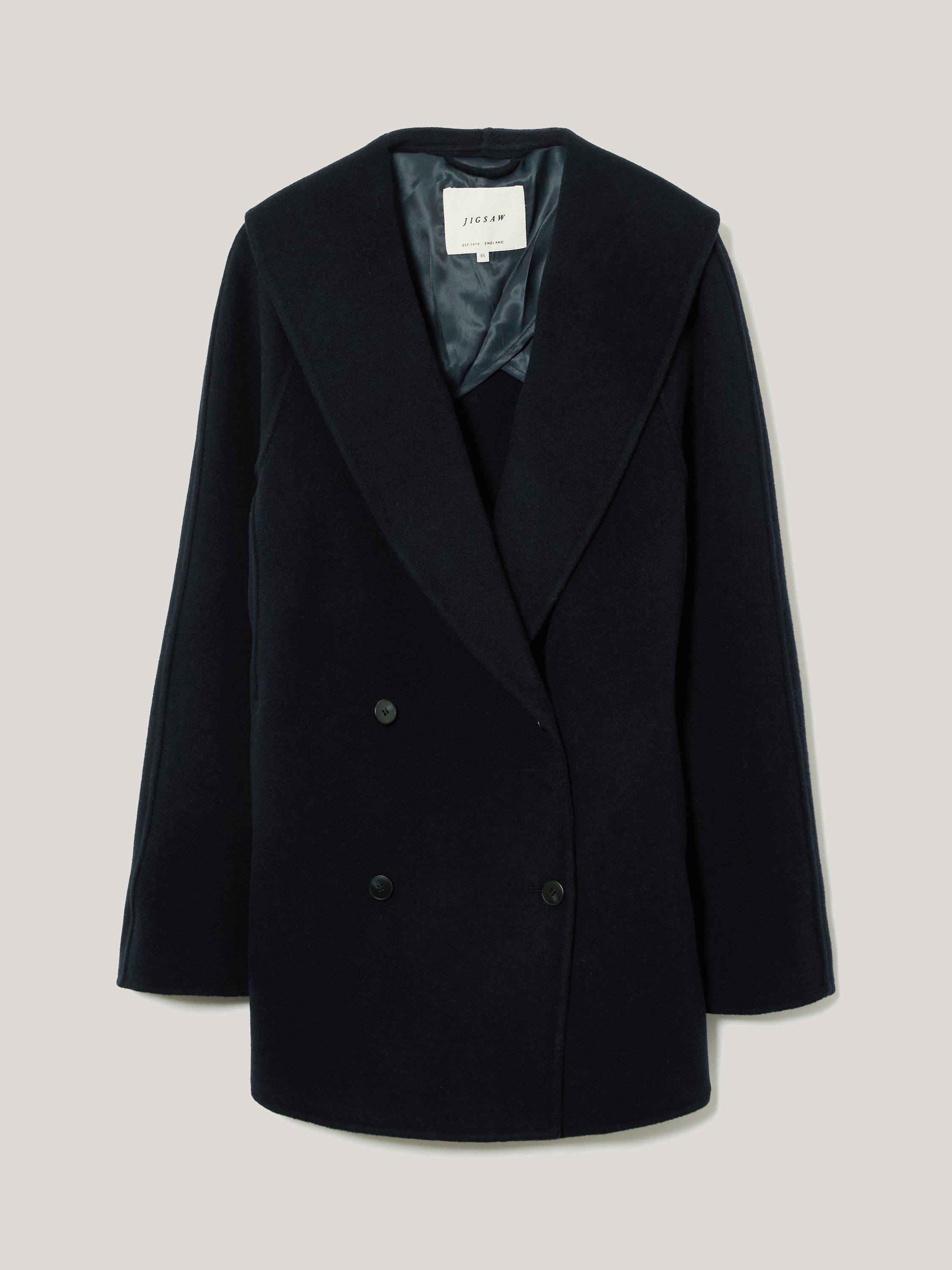 Product image 5 of 6, which shows Jigsaw Short Double Faced Shawl Coat, Navy, L