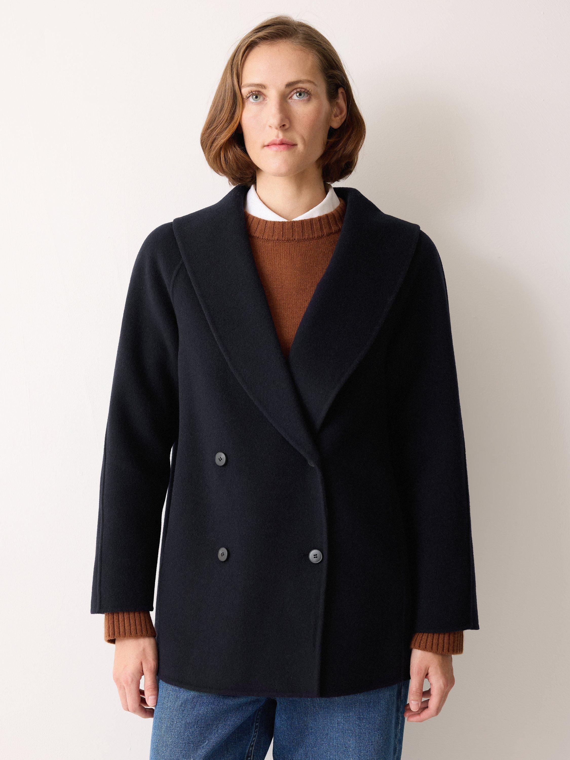 Product image 6 of 6, which shows Jigsaw Short Double Faced Shawl Coat, Navy, L