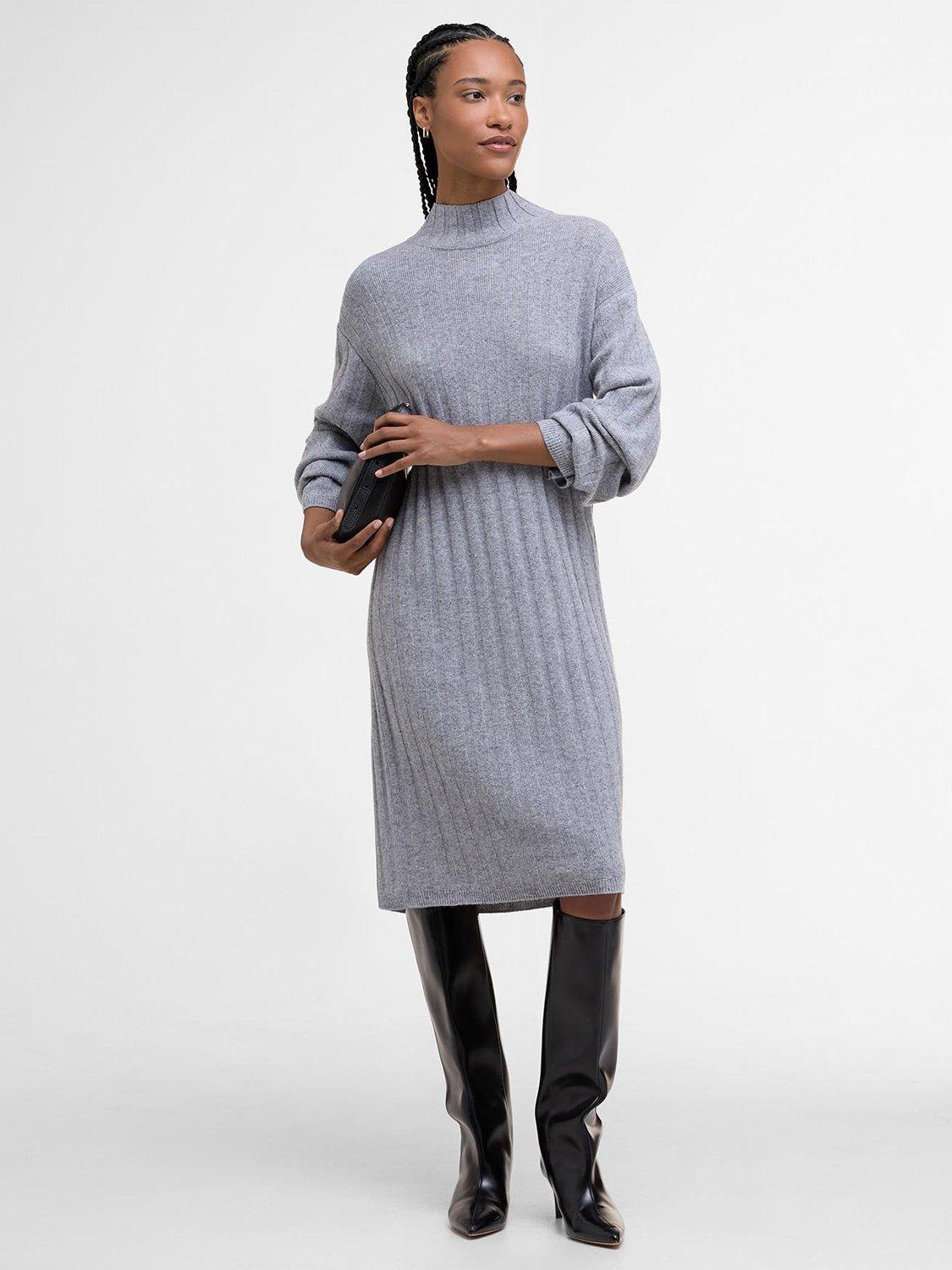 Product image 1 of 6, which shows Barbour Sophia Wool Blend Knitted Midi Dress , Light Grey, L