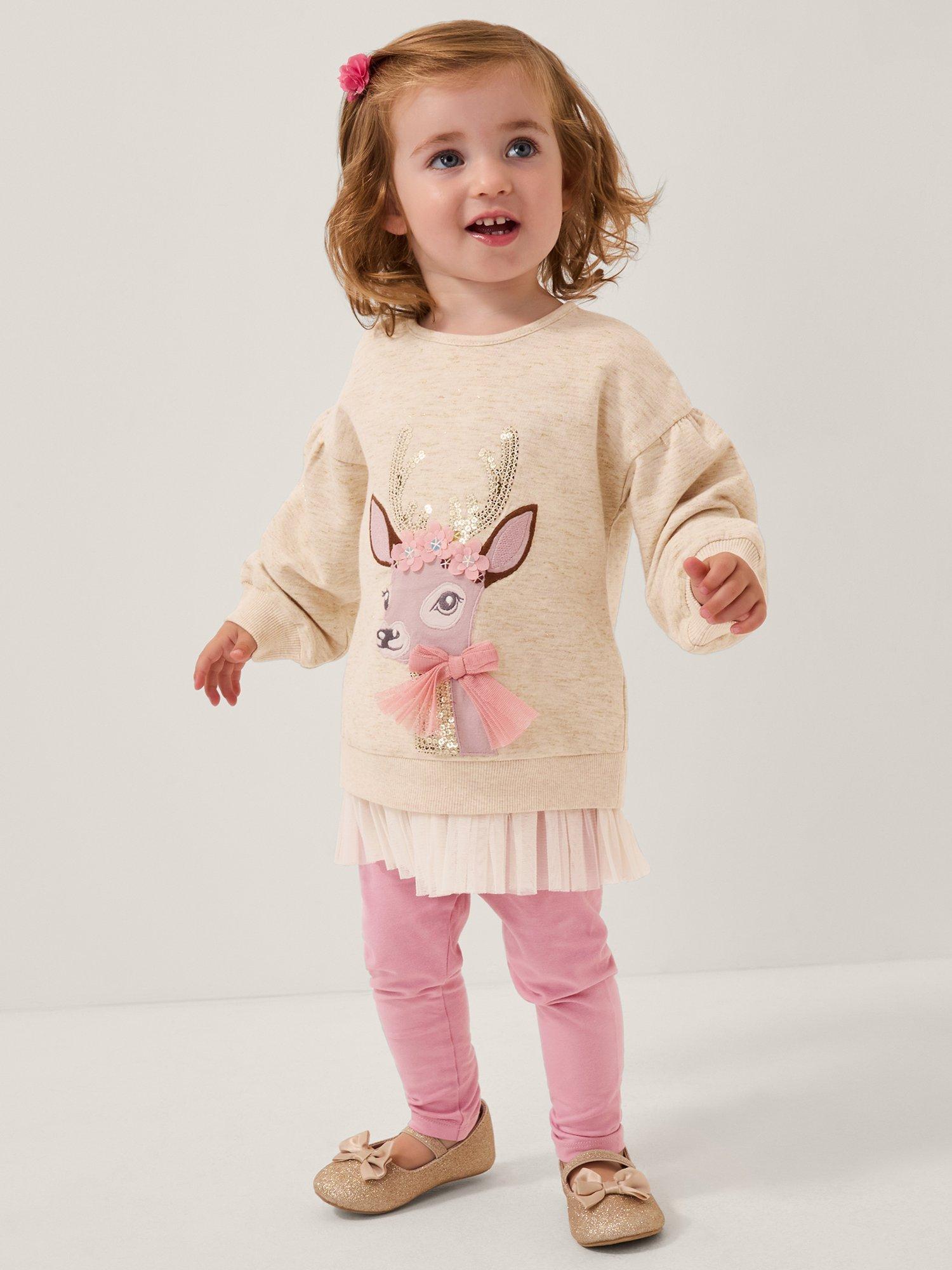 Product image 1 of 4, which shows Monsoon Baby Deer Sweatshirt & Leggings Set, Ivory, 0-3 months