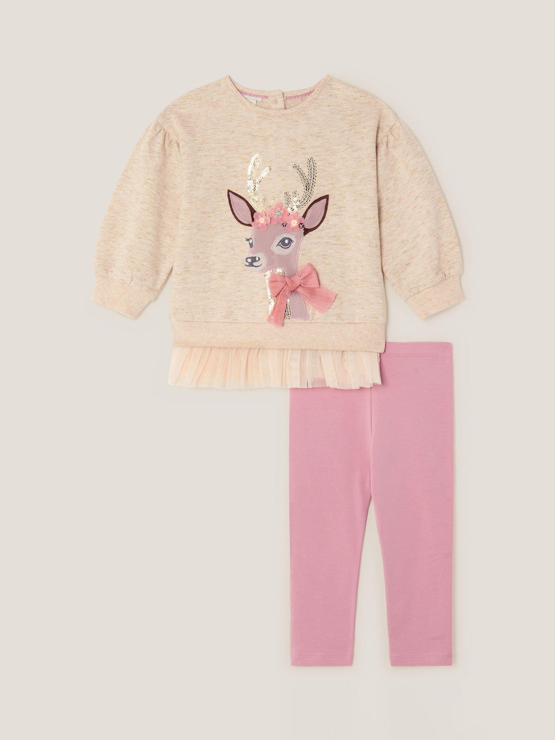 Product image 2 of 4, which shows Monsoon Baby Deer Sweatshirt & Leggings Set, Ivory, 0-3 months