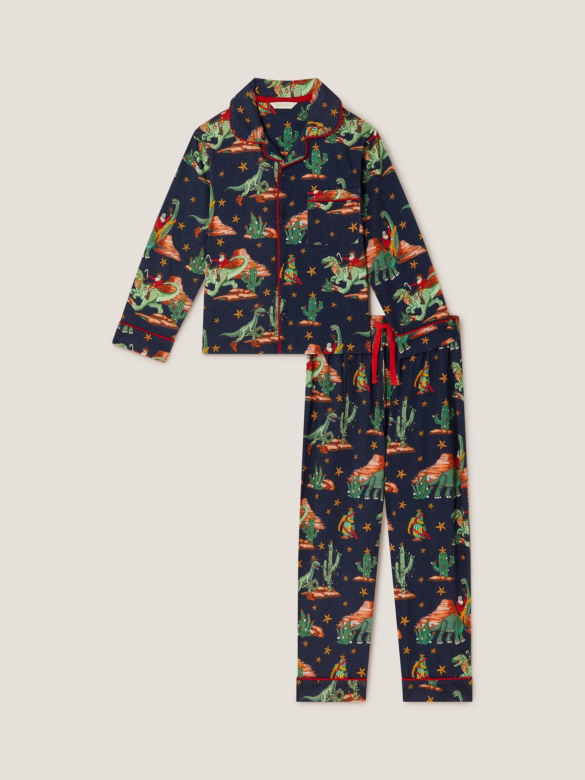 Product image 1 of 4, which shows Monsoon Kids' Chrismas Dinosaur Pyjamas, Navy, 7-8 years