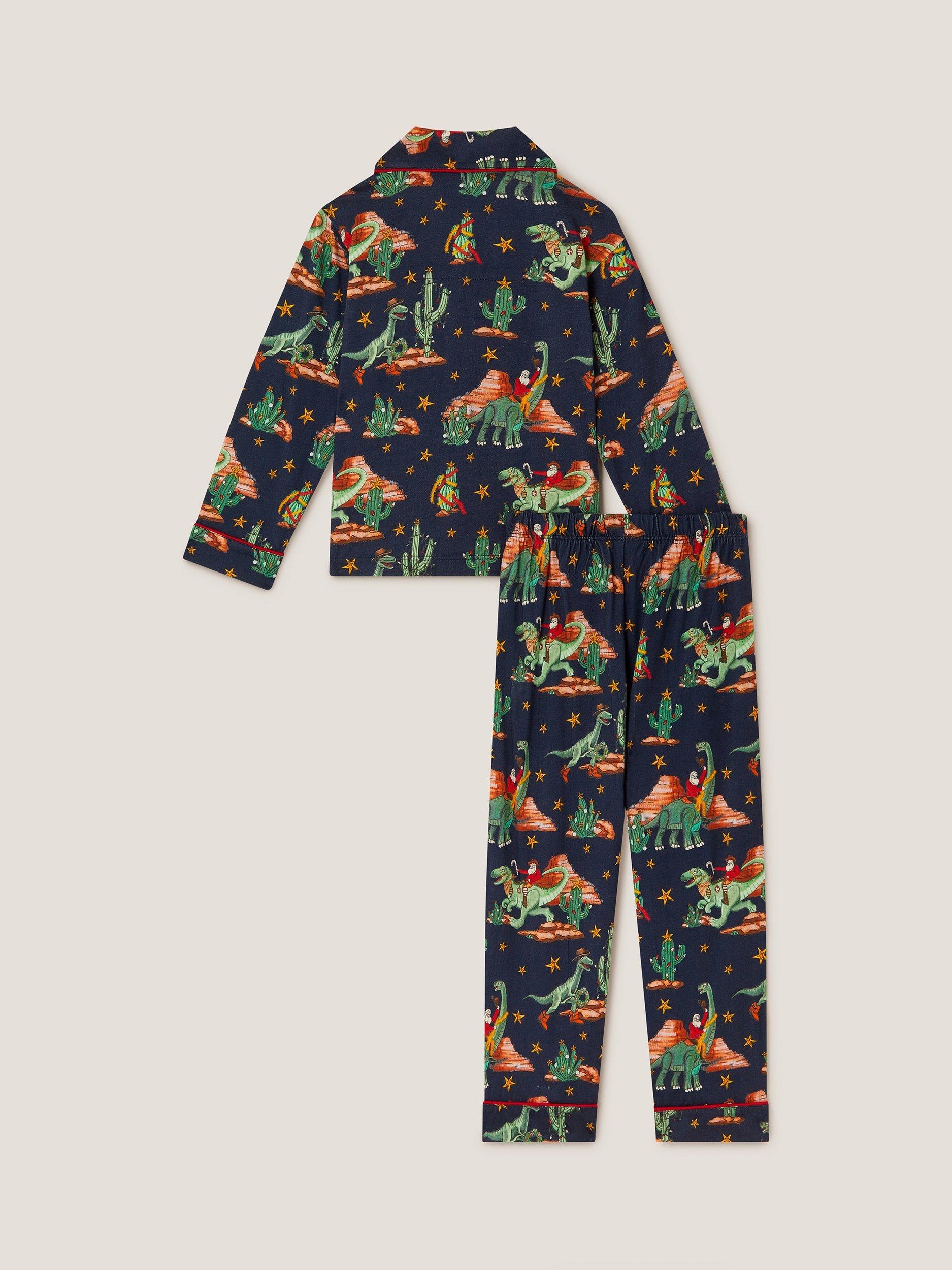 Product image 2 of 4, which shows Monsoon Kids' Chrismas Dinosaur Pyjamas, Navy, 7-8 years