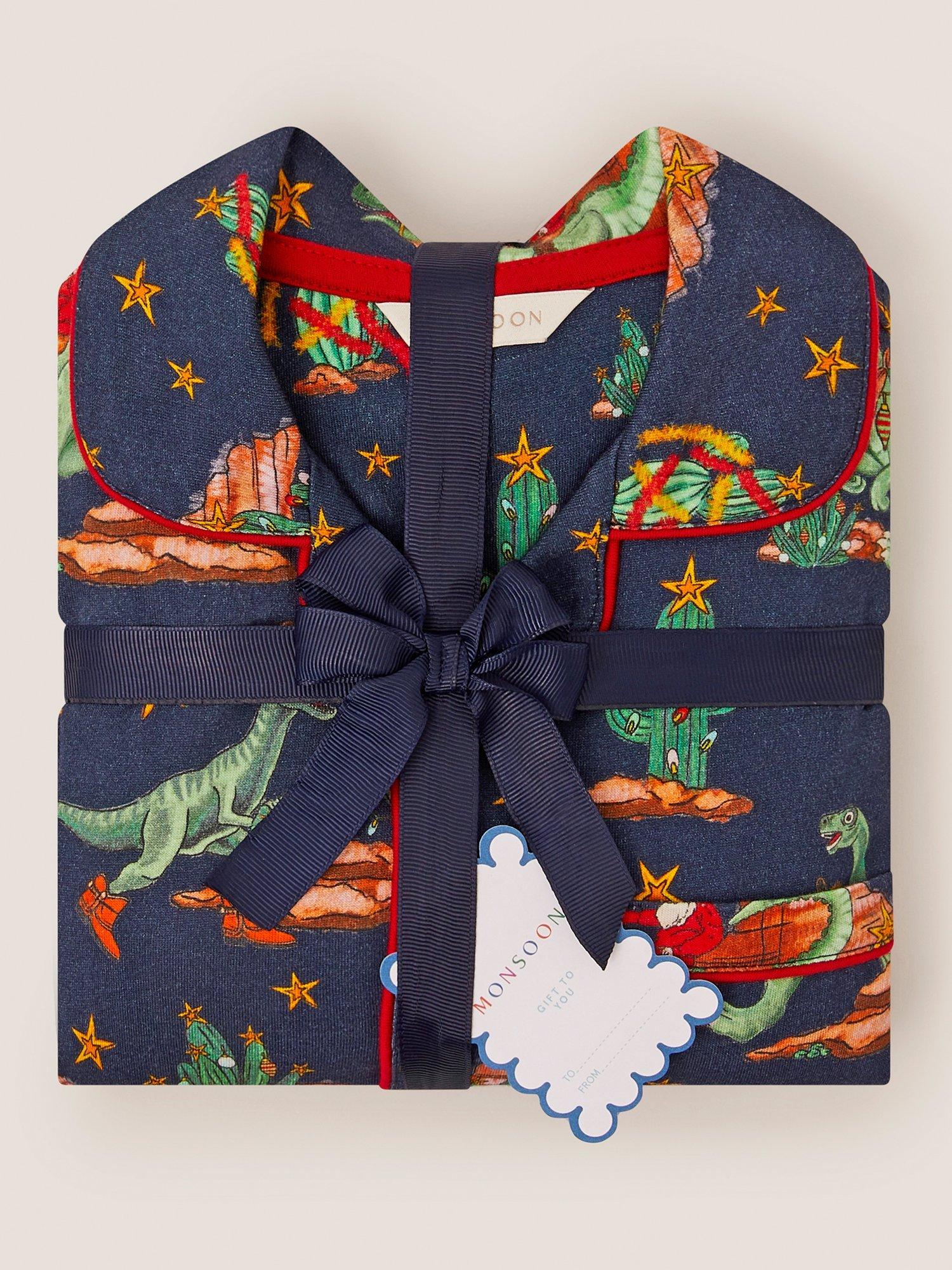 Product image 4 of 4, which shows Monsoon Kids' Chrismas Dinosaur Pyjamas, Navy, 7-8 years