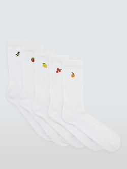 John Lewis Organic Cotton Blend Embroidered Fruit Socks, Pack of 5, White, White