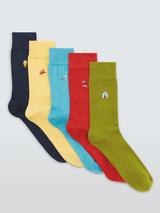 John Lewis Cotton Blend Embroidered Beach Socks, Pack of 5, Multi