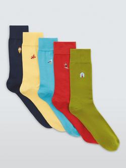 John Lewis Cotton Blend Embroidered Beach Socks, Pack of 5, Multi, Multi