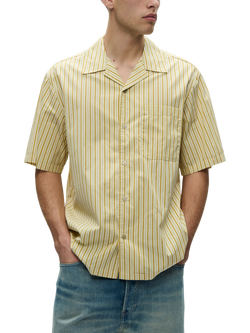 WOOD WOOD Nico Cotton Regular Fit Stripe Cuban Collar Shirt, Golden Palm, Golden Palm