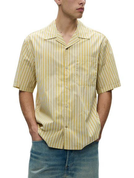 WOOD WOOD Nico Cotton Regular Fit Stripe Cuban Collar Shirt, Golden Palm, Golden Palm